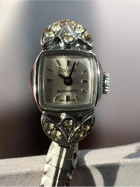 (624)Vintage Bolivia Silver-Tone Antimagnetic Watch with Rhinestone Details